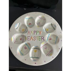 Deviled Egg Plate Easter White Ceramic Pastel Happy Easter Collectible 10"